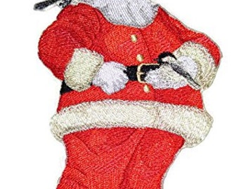 Feliz Navidad Santa y Chickadees Bordados Hierro en/Coser Parche [4"6.8"] [Made in USA]