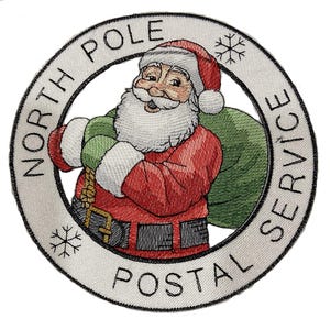 May include: A white embroidered patch with a red and white Santa Claus holding a green bag. The patch has the text "NORTH POLE POSTAL SERVICE" around the edge.