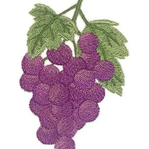 May include: Embroidered patch of a bunch of purple grapes with green leaves.