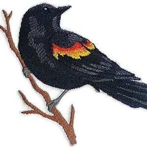 May include: Embroidered patch of a black bird with orange and yellow accents perched on a branch.