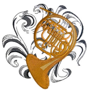 May include: An embroidered patch featuring a golden French horn centered over a black and white swirling filigree design. The horn displays detailed circular tubing, valves, and a wide bell, while the background consists of intricate, flowing lines.