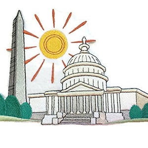 May include: Embroidered patch featuring a white building with a dome, a tall white obelisk, and a yellow sun with orange rays. The building and obelisk are outlined in black. The patch is on a white background.