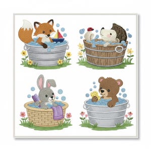 May include: An embroidery design featuring four animals in bathtubs: a fox in a metal tub with a toy boat, a hedgehog in a wooden tub, a rabbit in a woven basket with a brush and towel, and a bear in a metal tub with a yellow sponge, all with bubbles.