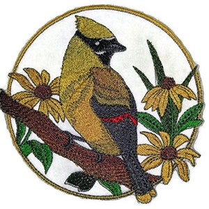 May include: Embroidered iron-on patch featuring a yellow bird perched on a branch with brown and green leaves. The bird has black eyes and a red stripe on its chest. The background is white with a gold circle around the design.