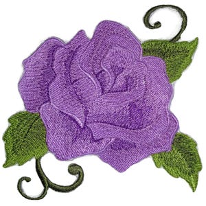 May include: Embroidered purple rose with green leaves and stems. The flower has detailed stitching, with a textured appearance. The leaves are a vibrant green, and the stems have a dark green, swirling design. This floral patch is suitable for clothing or crafts.