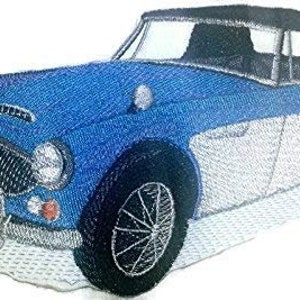 May include: A blue and white embroidered iron-on patch of a classic sports car. The car has a black convertible top and a white stripe along the side.