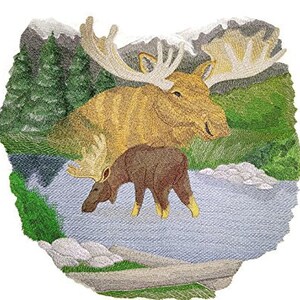 May include: Embroidered image of a brown and tan moose with large antlers standing in a woodland setting with a smaller moose calf beside it. The moose are standing in a stream of water with green foliage and rocks surrounding them.