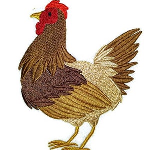 May include: Embroidered patch of a brown hen with a red comb and wattle. The hen is facing right and has its wings spread out.