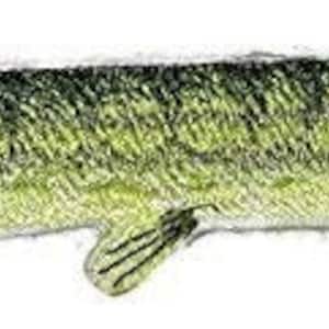 Op de afbeelding: Een geborduurde patch met een groene en bruine vis met een lang lichaam en een grote bek.