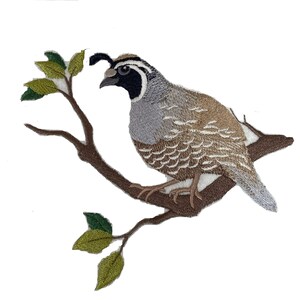 Op de afbeelding: Geborduurde patch met een kwartel die op een bruine tak met groene bladeren zit. De vogel heeft een zwart-witte kop, een grijze borst en een bruin-wit patroon op het lichaam. De patch staat op een witte achtergrond.