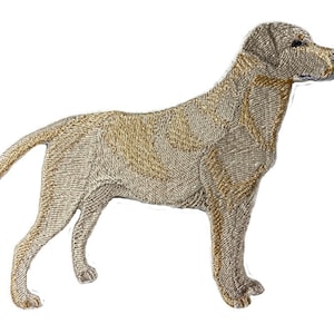 May include: Embroidered patch of a golden Labrador Retriever standing with its head turned to the right. The dog is outlined in gold thread and has a detailed embroidered texture.