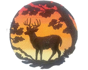 Sun Set with Deer Embroidered Iron on/Sew Patch [5" X 5"]