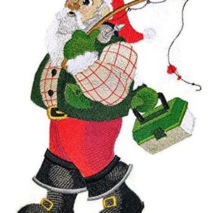 May include: Embroidered Christmas ornament featuring a Santa Claus figure wearing a red hat and green jacket, holding a fishing rod and a green tackle box.