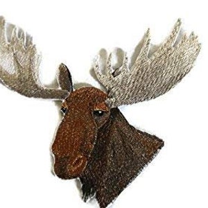 May include: Embroidered patch of a brown moose head with large, white antlers. The moose is looking to the right.