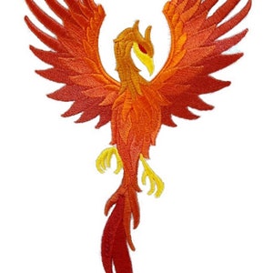 May include: An embroidered iron-on patch of a red and orange phoenix with yellow accents. The phoenix is in flight with its wings spread wide.