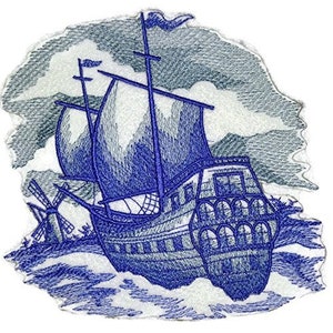 Shades Of Blue[ Delft Blue Sailing Ship ] Embroidered Iron on/Sew patch [5.99&quot; 5.84&quot;]