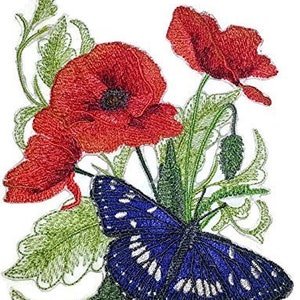 May include: Embroidered patch featuring a blue butterfly with white markings, surrounded by three red poppies with green leaves.