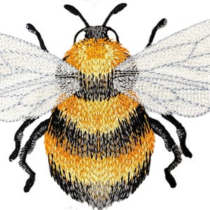May include: A yellow and black bumblebee with white wings. The bumblebee is embroidered and has a detailed design.