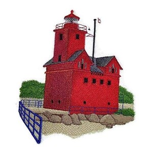 May include: Embroidered design of a red lighthouse with a white trim and a blue fence. The lighthouse is on a sandy beach with green bushes.