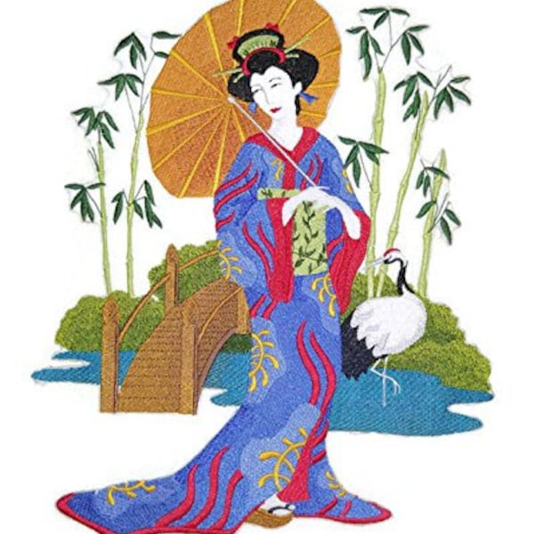 Rich Japanese Culture and TraditionGeisha in Garden Embroidered Iron On/Sew Patch [11.5" x 9"]