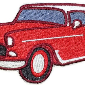 May include: Red and white embroidered patch of a vintage car. The car has a white roof and white trim around the windows and tires.