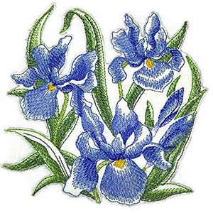 May include: Embroidered patch featuring three blue iris flowers with green leaves. The flowers are detailed with blue and yellow stitching.