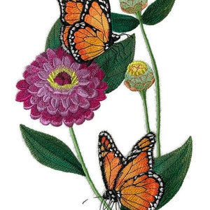 Custom and Unique (Monarchs and Zinnias Spray) Blooms Flower Embroidered Iron on/Sew Patch [6.9&quot;(w) x 9.98 &quot;(h) ] [Made in USA]