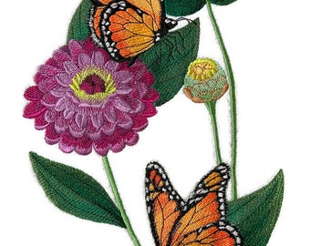 Monarch Butterfly & Zinnias Embroidered Iron-On Patch 6.9" X 9.98" Made in USA