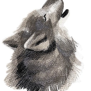 May include: A black and white embroidered image of a wolf howling at the moon. The wolf's fur is detailed with stitches that create a realistic texture.