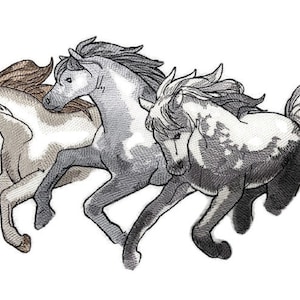 May include: Three horses running in a line, with the horse in the front being brown and white, the middle horse being gray and white, and the horse in the back being gray and white.