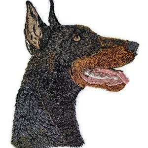 May include: Embroidered patch of a black and brown Doberman Pinscher with its tongue sticking out.