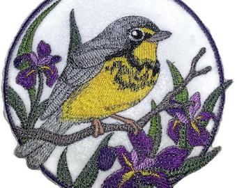 Parche bordado para planchar o coser con forma de pájaro en círculo, curruca canadiense y círculo de iris [5" x 5"]