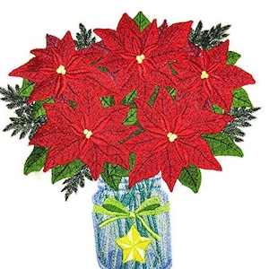 May include: A bouquet of red poinsettia flowers in a blue glass jar with a green ribbon and a gold star.