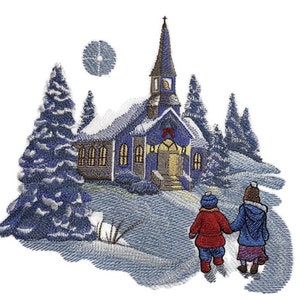 May include: Embroidered design of a snowy winter scene with a church, two children walking towards it, and a full moon in the sky.