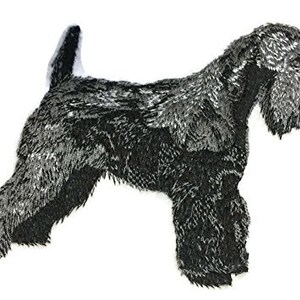 May include: Black and white embroidered image of a miniature schnauzer dog.