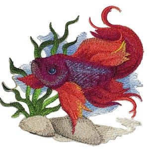 Aplique bordado termocolante/costurável Ocean Calling [Peixe Betta em tons de água] [15 cm x 12,5 cm]