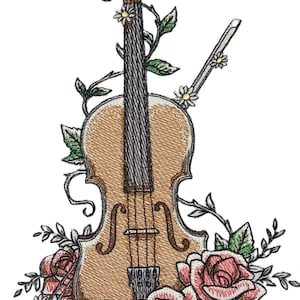 Musical Instrument Violin & Roses Feature Embroidery Iron Embroidered Iron on/Sew Patch [ 5.85 &quot;(w) x 9.22&quot;(h) ]