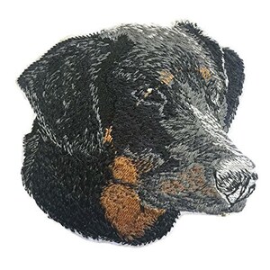 Könnte beinhalten: Gestickter Aufnäher mit dem Kopf eines schwarz-braunen Hundes. Der Hund hat ein kurzes, glattes Fell und eine lange Schnauze.