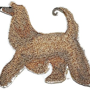 May include: Embroidered patch of a brown Afghan Hound with a curled tail. The patch is made of fabric and has a white background.