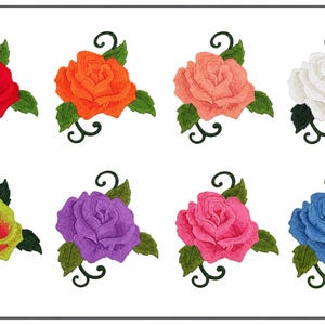 May include: A set of eight embroidered rose patches arranged in two rows. Each patch features a rose in a different color: red, orange, peach, white, yellow, purple, pink, and blue. Every rose includes green leaves and dark green swirling stems.