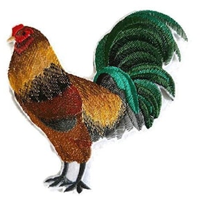 May include: Embroidered patch of a rooster with a brown and red body and a green tail. The rooster is standing on a white background.