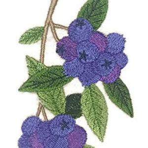 May include: Embroidered design of a blueberry branch with purple blueberries and green leaves.