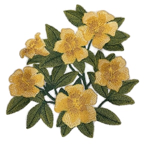 May include: Embroidered yellow flowers with green leaves. The flowers have five petals and a yellow center. The leaves are a dark green.
