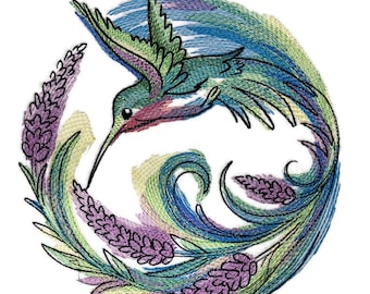 Beyond Vision Custom Birds [ Lavender Blooms Hummingbird ] Embroidered Iron on/Sew Patch [6.9 "w X 6.48 "]