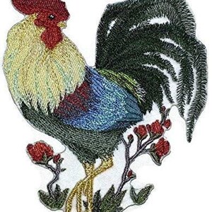 May include: Embroidered iron-on patch of a colorful rooster with a red comb and wattle, blue and green feathers, and a green tail. The rooster is standing on a green stem with red flowers.