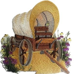 Prairie Wagon Scene Embroidered Iron on/Sew Patch [6.2" x 5.87"]