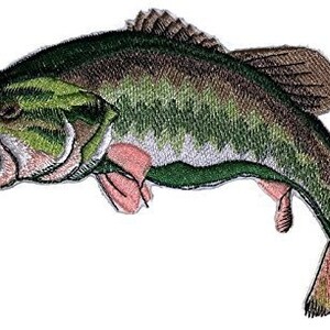 May include: Embroidered patch of a green and brown bass fish with a pink mouth and fins.