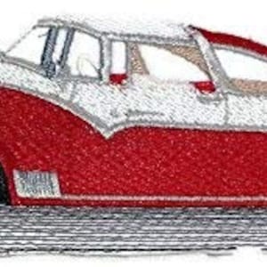 May include: A red and white vintage car with a white roof and chrome accents. The car has a classic design with a long bonnet and a rounded body.