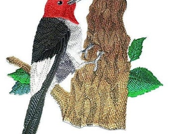 Red Headed Woodpecker Embroidered Iron on/Sew Patch [7"X 6"]