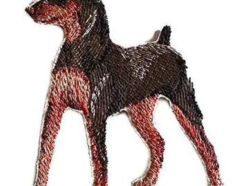 May include: Embroidered iron-on patch of a brown and red Doberman Pinscher dog.